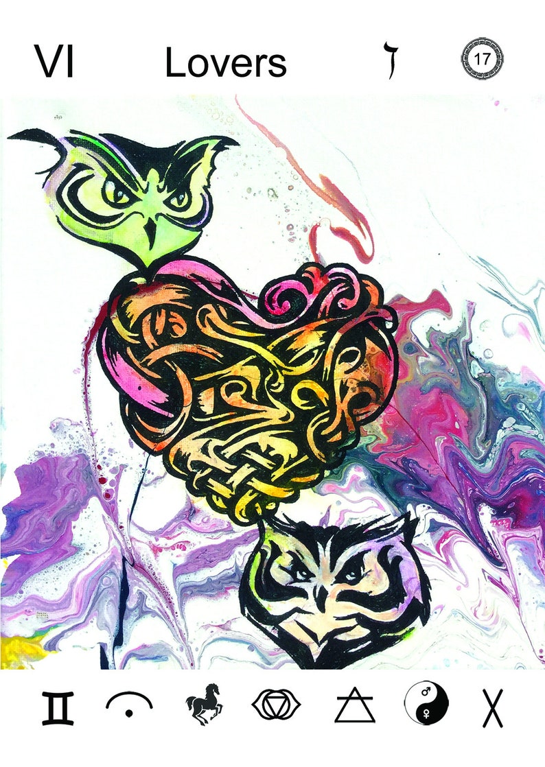 May include: Tarot card depicting the Lovers card, VI, with a colorful abstract background. The card features two owls with a heart-shaped design in the center. The card number, 17, is in a circle in the top right corner.
