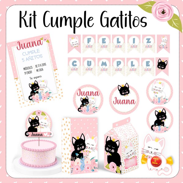 Kit Imprimible Cumpleaños Gatitos. Textos editables.