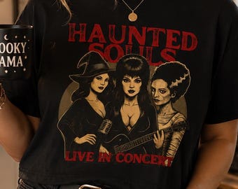Camiseta de Halloween con estampado de almas embrujadas, camiseta gráfica de terror vintage, camiseta espeluznante de corte holgado o extragrande para mujer.