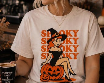 Camiseta de bruja retro, camiseta espeluznante de Halloween, camiseta de bruja pin-up vintage, camiseta gráfica de Halloween, camiseta holgada o camiseta unisex.