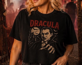 Camiseta de Drácula, camiseta gráfica de terror vintage, camiseta gótica de Halloween, camiseta de vampiro holgada o extragrande