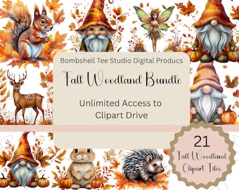 Fall Woodland Clipart Bundle | 21 Autumn Forest Animal PNGs | Instant Download | Cute Gnomes, Squirrel, Deer, Hedgehog, Fairy | Craft Use