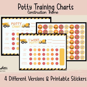 May include: Four printable potty training charts featuring a construction theme. Each chart has a yellow and black construction-themed border and includes a space for a name and date. The charts feature a yellow cement mixer and a yellow dump truck. The charts have a grid of circles for tracking potty training progress.