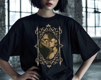 Frankenstein & Bride Gothic Romance T-Shirt | Vintage Horror Love Graphic Tee | Classic Monster Couple Shirt | Halloween Gothic Aesthetic