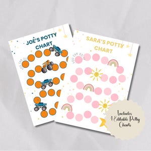 Peut inclure: Deux tableaux d'apprentissage de la propreté. L'un est orange et bleu avec des illustrations de monster truck et le texte "Joe's Potty Chart". L'autre est rose et jaune avec des illustrations d'arc-en-ciel et de soleil et le texte "Sara's Potty Chart".