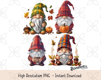 Herfstkabouter PNG-bundel | Herfst sublimatie clipart | Gezellige pompoenkruidkabouters | Illustraties geruite kabouter | Digitale downloadset