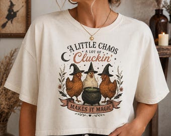 Camiseta de gallina bruja, camiseta de Halloween para mamá gallina, camiseta divertida de bruja, camiseta holgada estilo cottagecore, camiseta de Halloween estilo granja