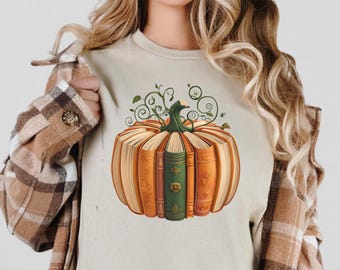Book Pumpkin T-Shirt | Fall Book Lover Tee | Autumn Reading Shirt | Cozy Literary Graphic Tee | Pumpkin Book Stack Shirt | Gift for Readers
