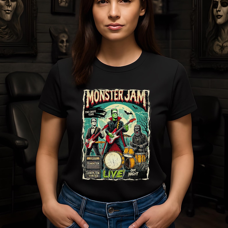 May include: Black t-shirt featuring a graphic of a band called "Monster Jam" with Frankenstein and other monster characters playing instruments. The design includes the text "The Crypt Club", "Frankenstein Monster", and "Live One Night".