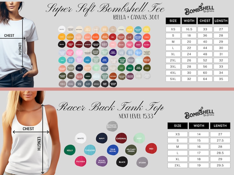 May include: White t-shirt and tank top with size charts and color options. The t-shirt is labeled "Super Soft Bombshell Tee" and the tank top is labeled "Racer Back Tank Top". Measurements are in inches.