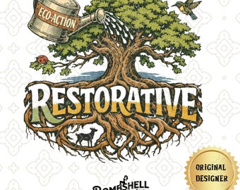 Vintage Eco-Action Mushroom and Oak Tree PNG – Restorative Nature Streetwear Design – Hand-Drawn Earth Day Clipart – Retro 90s Environmental