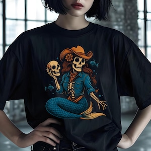Skeleton Mermaid Tee, Halloween Shirt, Day of the Dead Apparel, Gothic T-Shirt, Casual Graphic Top, Mermaid Skeleton Shirt, Cowgirl Mermaid