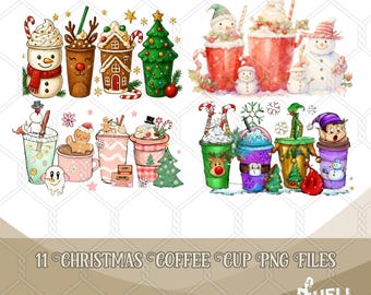 11 archivos PNG de tazas de café navideñas / Paquete de sublimación navideña / Clipart de café helado / Descarga digital de bebidas navideñas / Linda taza navideña