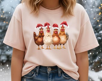 Funny Chicken Christmas T-Shirt | Santa Chickens Holiday Tee | Farm Animal Shirt | Vintage Christmas Cartoon Hoodie |Holiday Crewneck