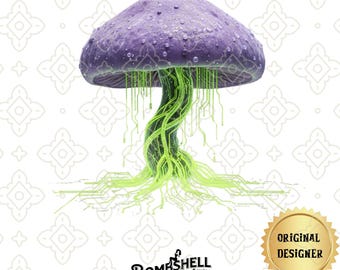 Bio-Digital Mycelium PNG – Futuristic Mushroom Streetwear Design – High-Res Cyberpunk Botanical Clipart