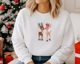 Cute Reindeer Couple Sweatshirt |Holiday Crewneck | Christmas Gift | Retro Reindeer shirt | Vintage Christmas Cartoon Hoodie |Rudolph shirt
