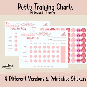 May include: Four printable potty training charts with a princess theme. Each chart features pink and white colors with a princess crown and slipper design. The charts include a daily checklist for potty training and a reward section.