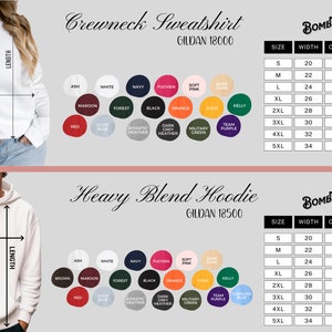 May include: Image featuring a white crewneck sweatshirt and a white hoodie, both with size charts and color options. The crewneck is Gildan 18000, and the hoodie is Gildan 18500. Color swatches include Ash, White, Navy, and more.