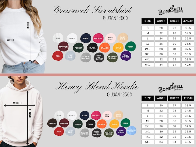 May include: Image featuring a white crewneck sweatshirt and a white hoodie, both with size charts and color options. The crewneck is Gildan 18000, and the hoodie is Gildan 18500. Color swatches include Ash, White, Navy, and more.