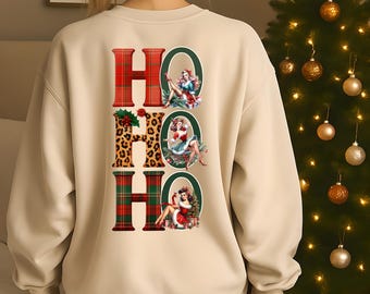 Ho Ho Ho Christmas Sweatshirt – Retro Pin-Up Holiday Crewneck, Festive Plaid & Leopard Print Pullover, Vintage Holiday Graphic, nice list