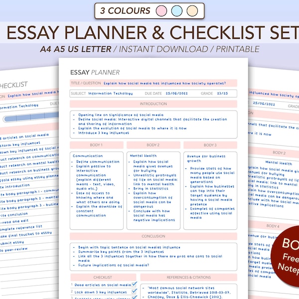 Simple Essay Planner Printable Set | Essay Writing Template | Essay Plan Template Digital | A4, A5 & US Letter size | Instant Download