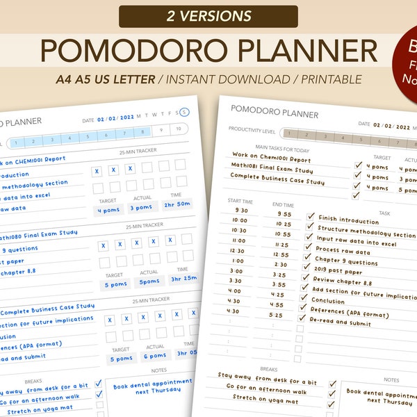 Simple Pomodoro Planner Printable | Study Session Planner | Productivity Planner | Time Tracker | A4, A5 & US Letter size | Instant Download