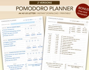 Simple Pomodoro Planner Printable | Study Session Planner | Productivity Planner | Time Tracker | A4, A5 & US Letter size | Instant Download