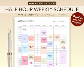 Simple Half Hour Weekly Schedule | Weekly Planner Printable | Weekly To Do List | Weekly Agenda | Sunday & Monday Start | A4 A5 US Letter