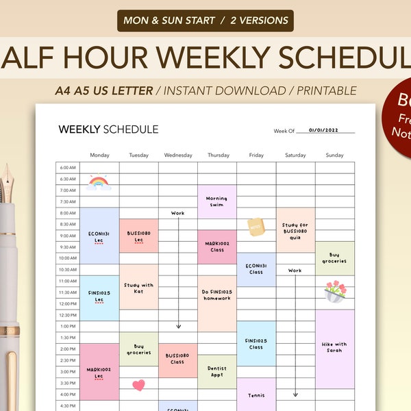 Simple Half Hour Weekly Schedule | Weekly Planner Printable | Weekly To Do List | Weekly Agenda | Sunday & Monday Start | A4 A5 US Letter