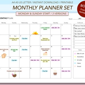 Undated Monthly Planner Set | Monthly Calendar Overview with Notes | Digital Monthly Planner | Monday Sunday Start | A5 A4 US Letter