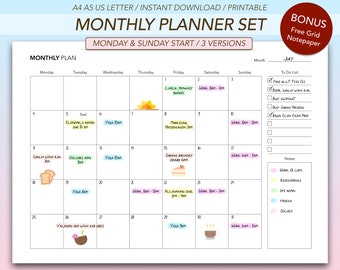 Undated Monthly Planner Set: A4 A5 US Letter (Digital Download)