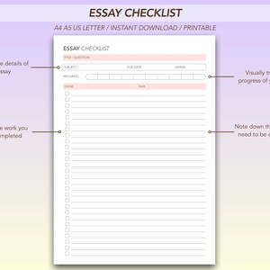 Puede incluir: Una lista de verificaci&oacute;n de ensayo imprimible con secciones para el t&iacute;tulo, el tema, el progreso, las tareas, la fecha de vencimiento y la calificaci&oacute;n. La lista de verificaci&oacute;n tiene un esquema de color rosa y blanco e incluye una secci&oacute;n para realizar un seguimiento visual del progreso y anotar las tareas que deben completarse.