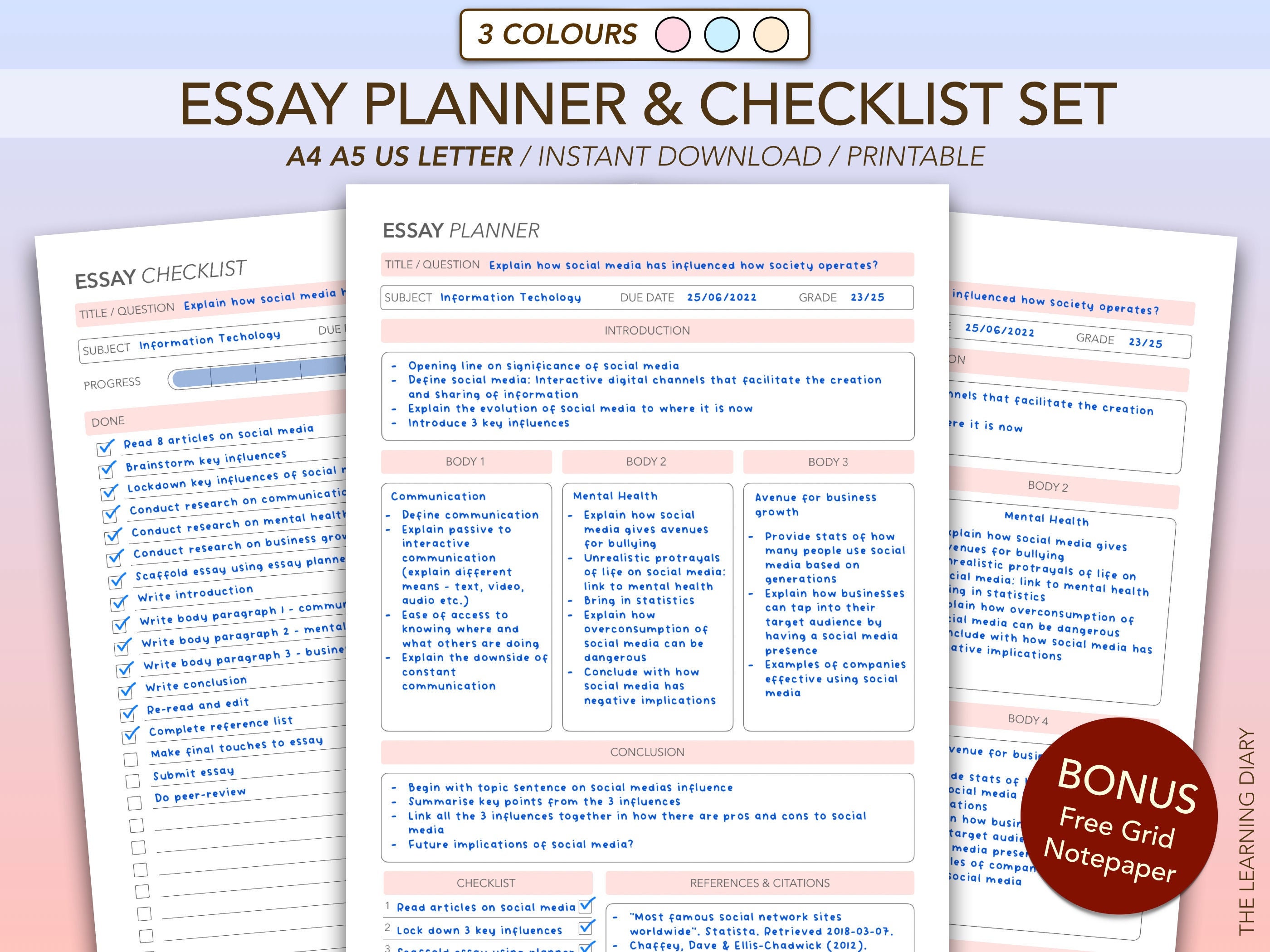 Simple Essay Planner Printable Set | Essay Writing Template | Essay Plan Template Digital | A4, A5 & US Letter size | Instant Download