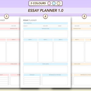 Puede incluir: Tres plantillas de planificador de ensayos imprimibles con diferentes fondos de color: rosa, azul y amarillo. Cada plantilla incluye secciones para el t&iacute;tulo, el tema, la fecha de entrega, la introducci&oacute;n, los p&aacute;rrafos del cuerpo, la conclusi&oacute;n, la lista de verificaci&oacute;n, las referencias y las citas.