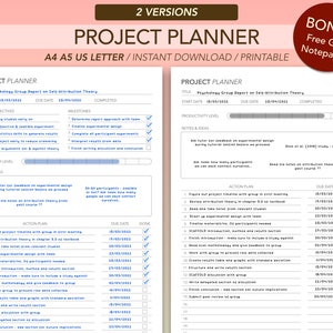 Planificador de proyectos sencillo para imprimir / Planificador de productividad / Rastreador de tareas / Rastreador de cronograma de proyectos / Tamaños de carta A4, A5 y EE. UU.