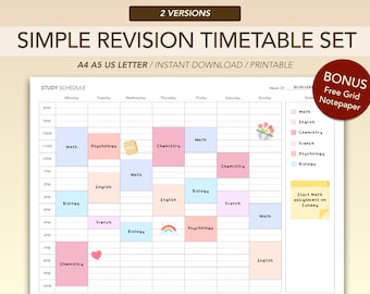 Minimalist Revision Timetable Printable Set | Study Schedule | Weekly Timetable | Hourly Agenda | A4, A5 and US Letter | Instant Download