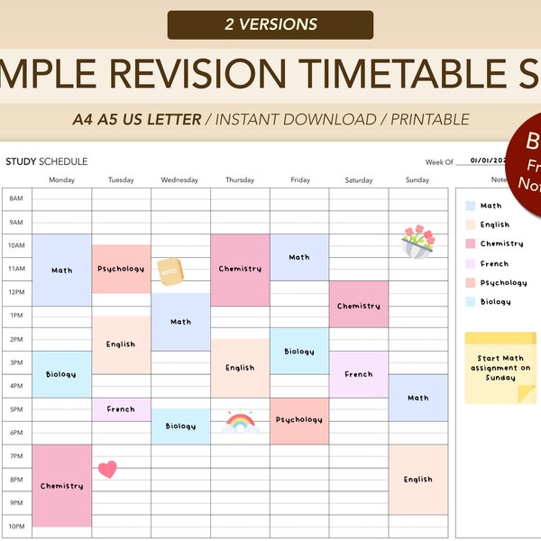 Minimalist Revision Timetable Printable Set | Studienplan | Wochenplan | Stundenplan | A4, A5 und US Letter | Sofort Download