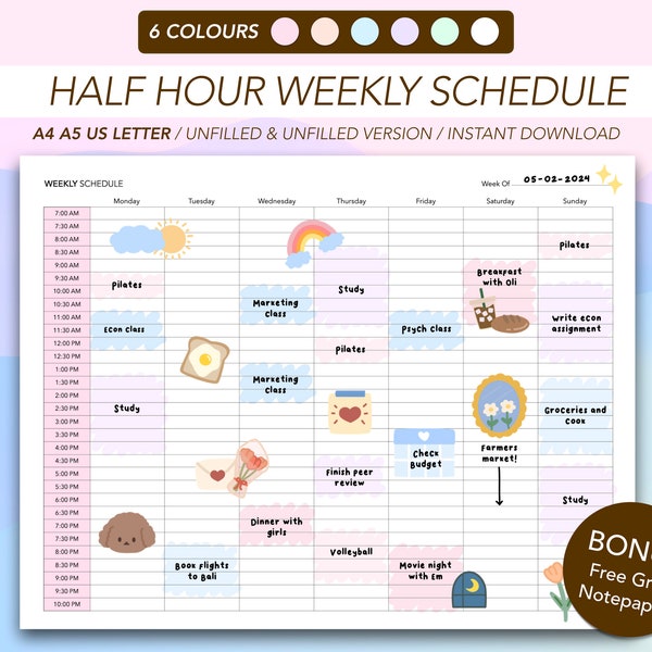Half Hour Weekly Schedule Colours | Weekly Planner Printable & Digital | Weekly To Do List | Weekly Agenda | A4 A5 US Letter