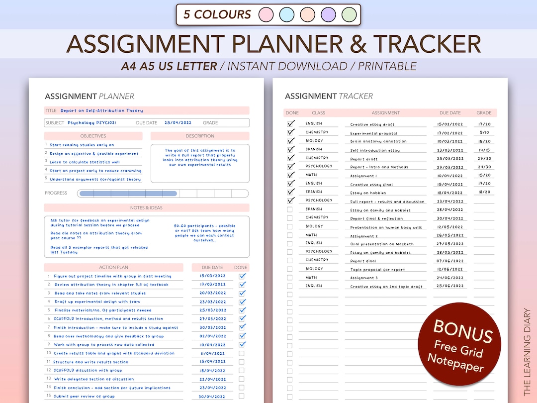 Assignment Planner & Tracker: Homework, School, College (A4 A5 US ...