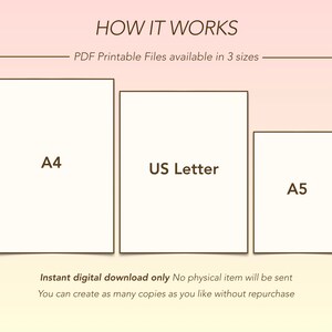 Puede incluir: Un gr&aacute;fico que muestra los tres tama&ntilde;os de archivos imprimibles disponibles para descargar: A4, US Letter y A5. El texto "Descarga digital instant&aacute;nea solamente. No se enviar&aacute; ning&uacute;n art&iacute;culo f&iacute;sico. Puede crear tantas copias como desee sin volver a comprar." est&aacute; debajo del gr&aacute;fico.