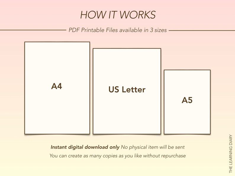 Puede incluir: Un gr&aacute;fico que muestra los tres tama&ntilde;os de archivos imprimibles disponibles para descargar: A4, US Letter y A5. El texto "Descarga digital instant&aacute;nea solamente. No se enviar&aacute; ning&uacute;n art&iacute;culo f&iacute;sico. Puede crear tantas copias como desee sin volver a comprar." est&aacute; debajo del gr&aacute;fico.