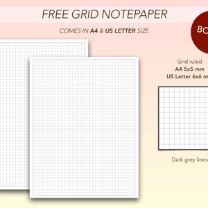 Puede incluir: Dos hojas de papel de notas en cuadr&iacute;cula en blanco en tama&ntilde;o A4 y US Letter con l&iacute;neas grises oscuras. La cuadr&iacute;cula es de 5x5 mm para A4 y de 6x6 mm para US Letter. El papel de notas es de descarga gratuita.