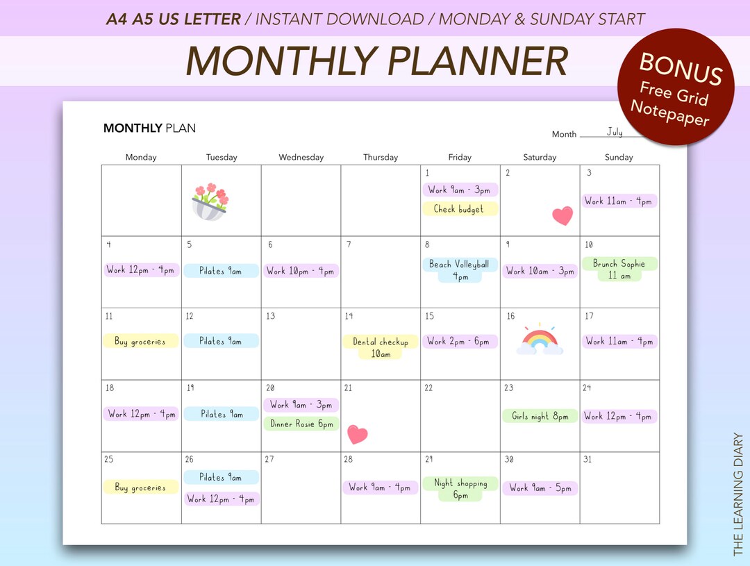 Undated Monthly Planner Printable: A4 A5 US Letter (digital Download ...