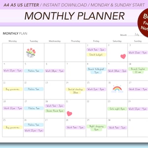 Planificador mensual sin fecha imprimible / Plantilla de planificador mensual / Calendario mensual digital / Inicio en domingo y lunes / Tamaño A4 A5 Carta de EE. UU.