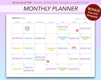 Undated Monthly Planner Printable: A4 A5 US Letter (Digital Download)