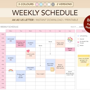 Simple Weekly Schedule Planner Printable | Study Schedule | Weekly Timetable | Weekly Agenda | A4 A5 US Letter | Instant Download