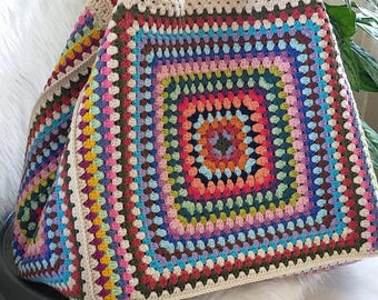 XL Crochet Granny Square Tote: Boho Weekender Bag with Leather Handles