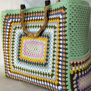 Handmade Crochet Granny Square Tote Bag: Boho Cotton Shoulder Purse