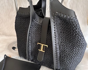tods bag replica, luxury raffia tote bag with vegan leather — inspired by Tod’s and designed for everyday elegance.