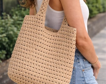 Artisan Raffia Crochet Tote Bag, Large Handmade Summer Shoulder Bag, Natural Ispie Yarn Handbag